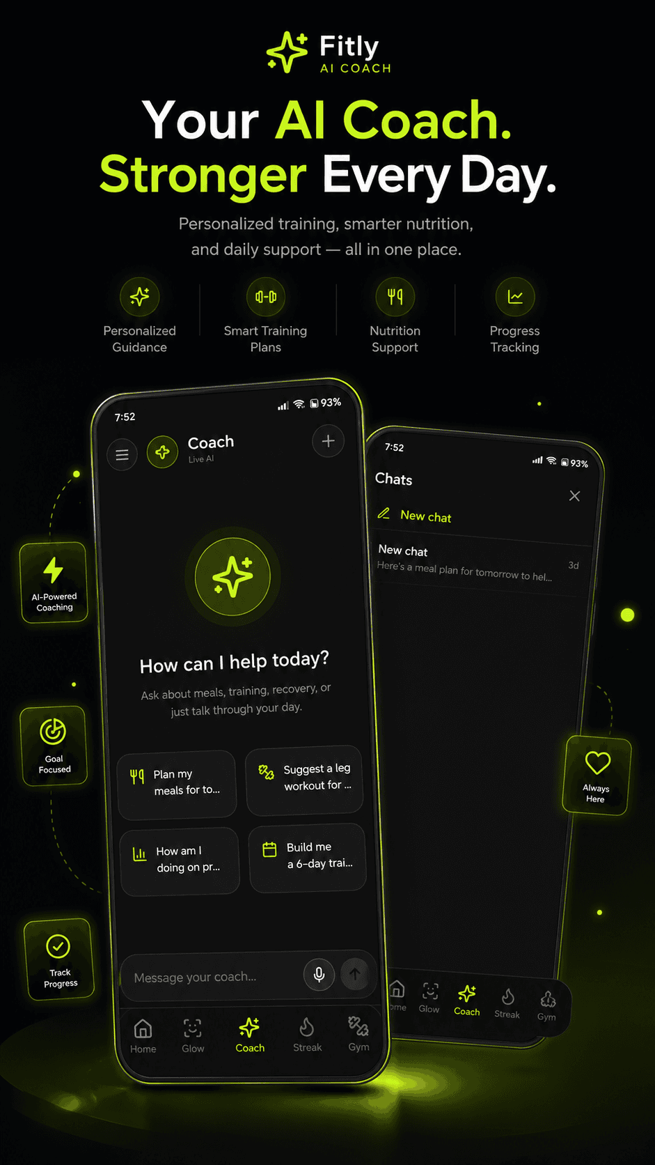 AI Coach premium showcase with personalized fitness and nutrition support