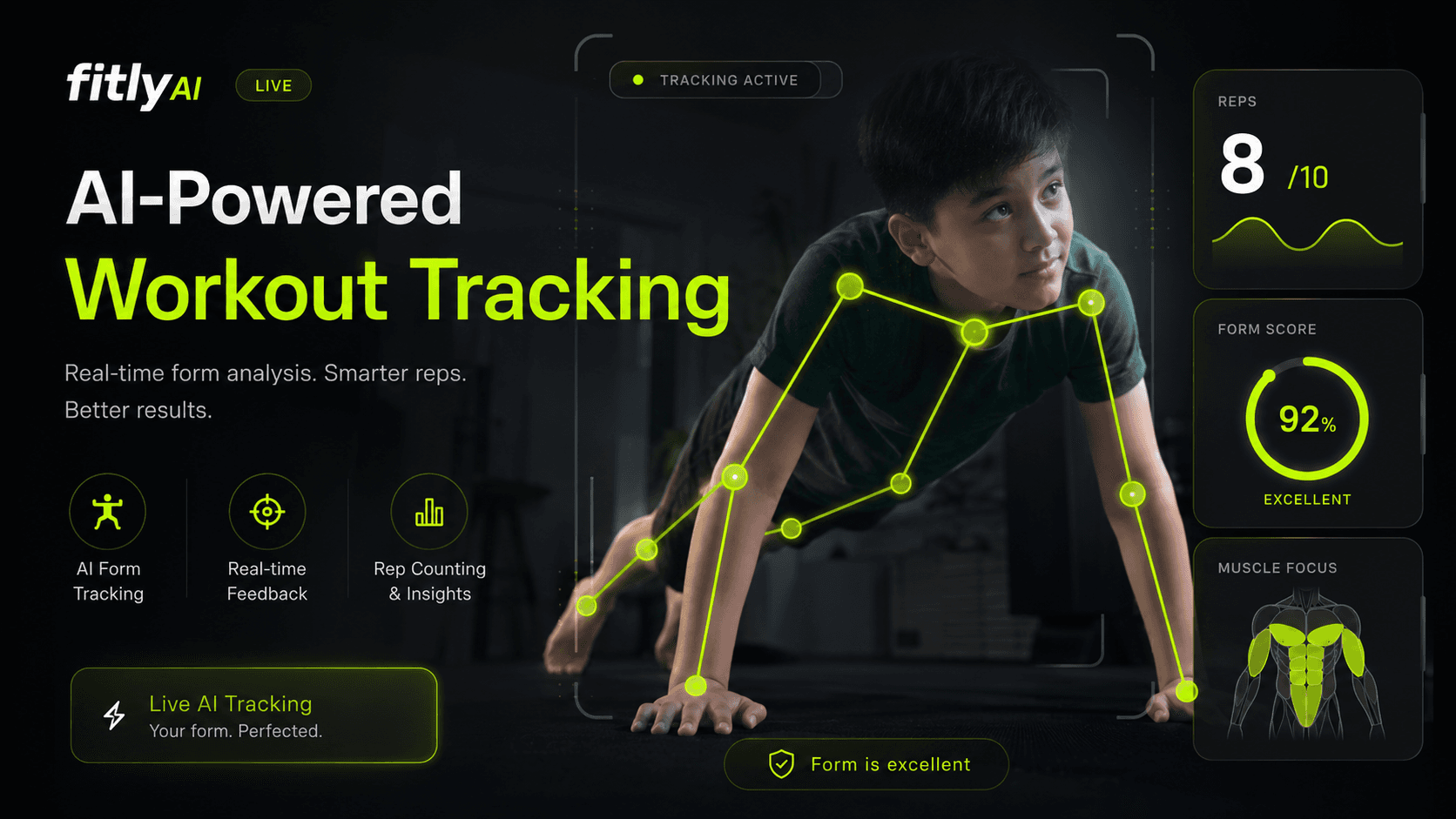 Live AI workout tracking with real-time rep counting and form feedback